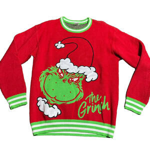 Dr. Seuss The Grinch Ugly Christmas Sweater Unisex Medium Green Knit Ribbed Hem